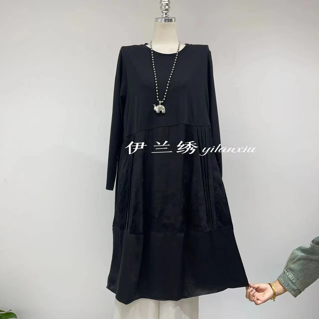 黑色连衣裙女秋季新款时尚潮流过膝休闲长裙港味复古