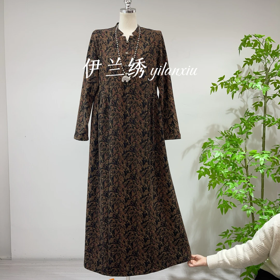 复古文艺印花气质V领澳绒连衣裙