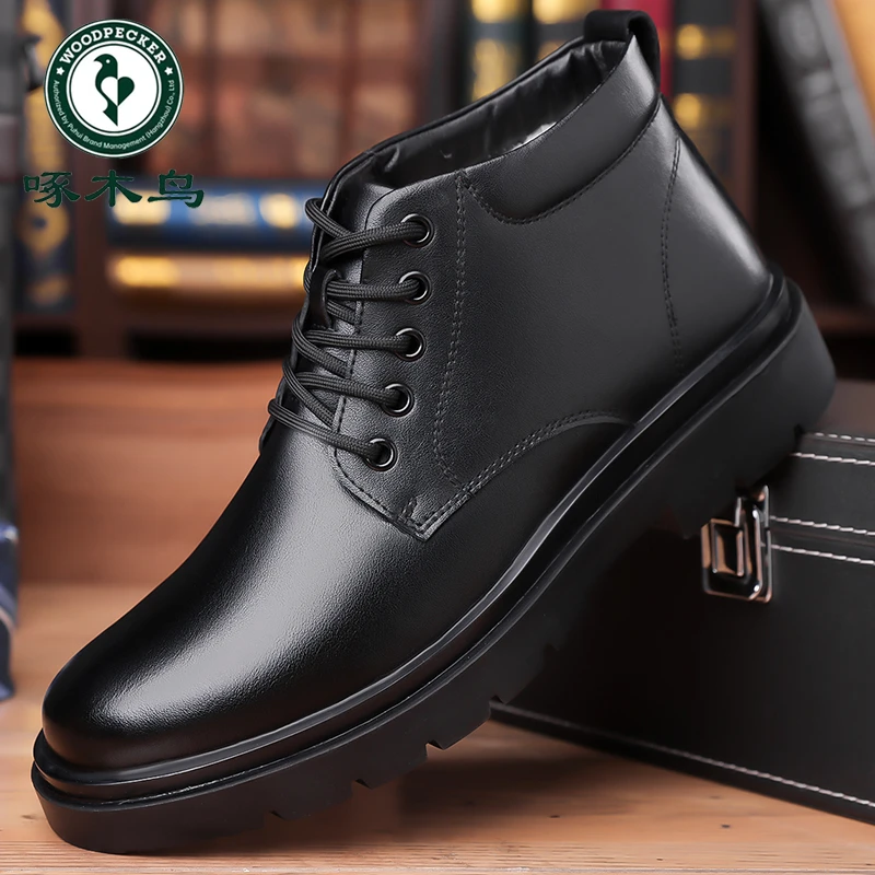 正品啄木鸟男鞋真皮冬季高帮皮鞋加绒加厚羊毛保暖防滑商务男皮鞋