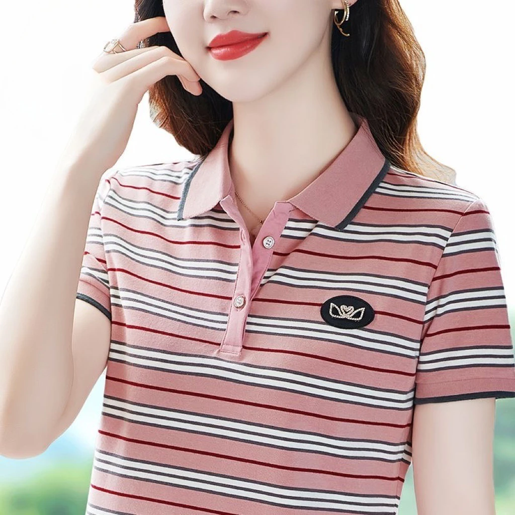 短袖t恤女士polo衫大码夏季经典条纹显瘦运动休闲印花洋气小衫