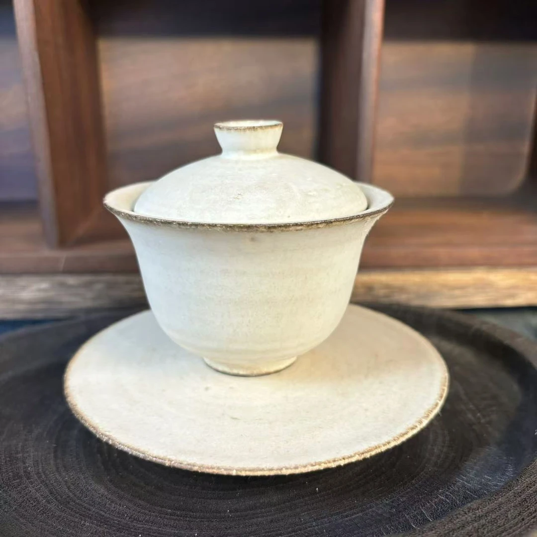 陶八工粉引釉素色简约陶泥三才盖碗