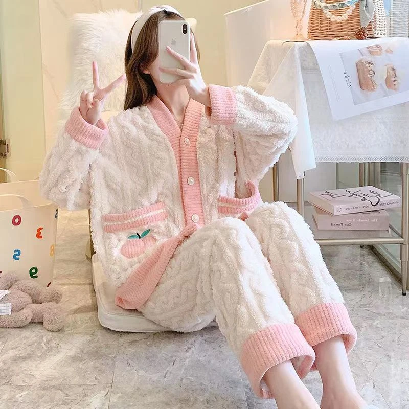 香奈套装睡衣女冬珊瑚绒保暖休闲加绒加厚小香风法兰绒家居服外穿