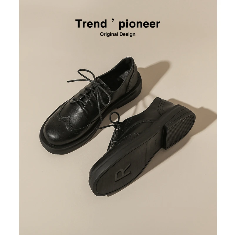 真皮小皮鞋女英伦风2025年春秋新款软皮百搭平底复古布洛克单鞋女