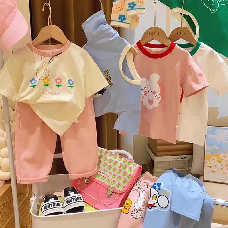 女童短袖T恤2025新夏款纯棉洋气立体百搭花朵装饰卡通半袖中大童