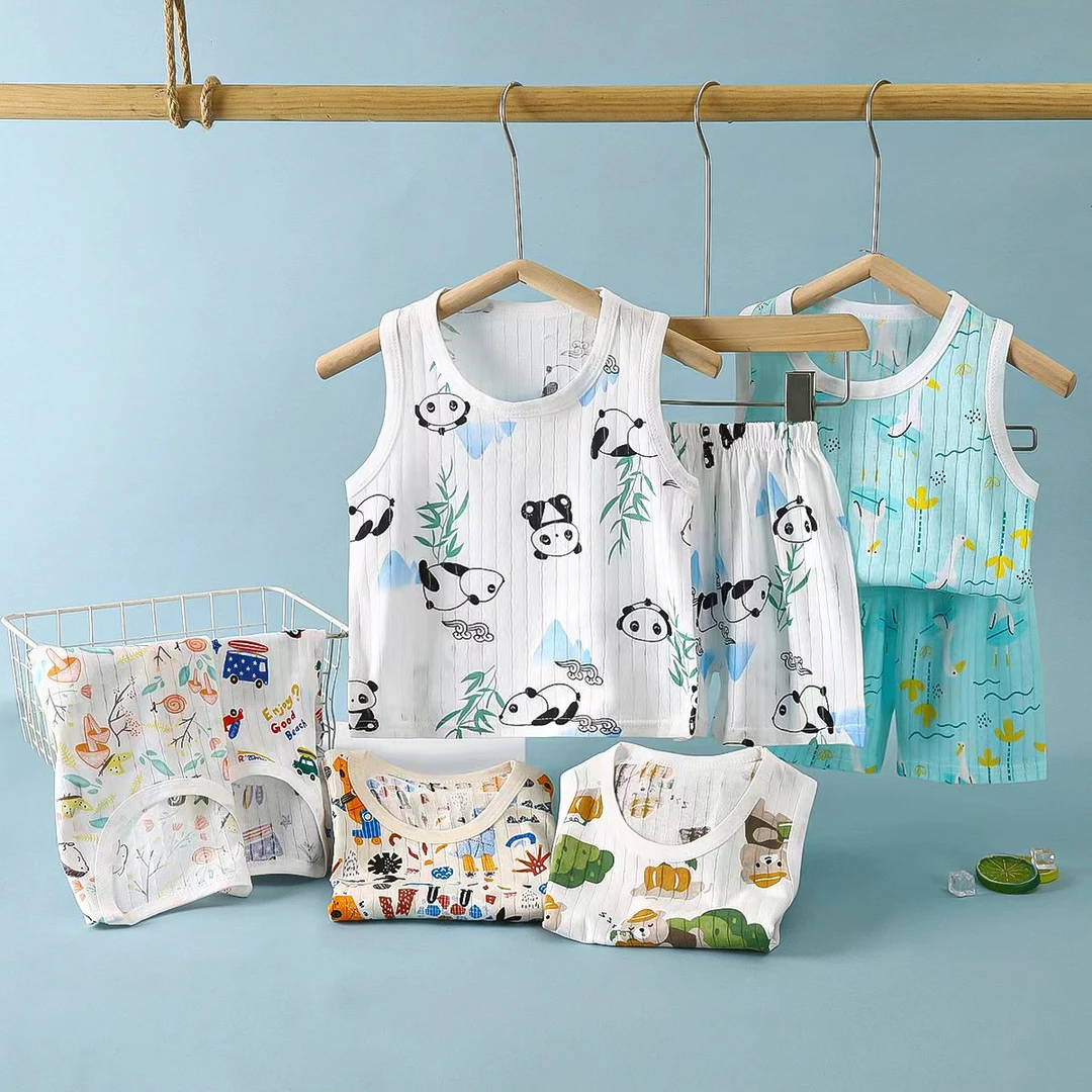 【提花纯棉】2025儿童夏季薄款背心短裤套装男女宝宝无袖卡通透气