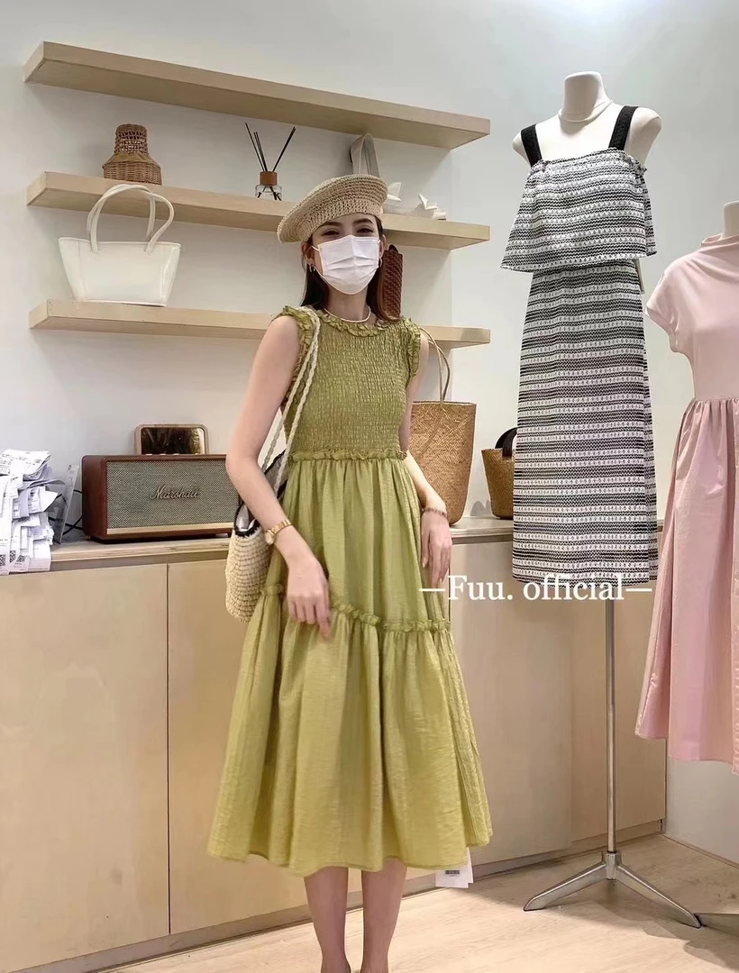 【N079】背心连衣裙新款法式温柔风圆领不规则气质花边无袖长裙女