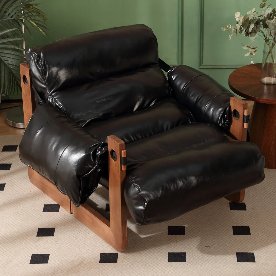 中古风泽西岛椅单人皮沙发懒人椅子实木复古设计师款家用休闲卧室
