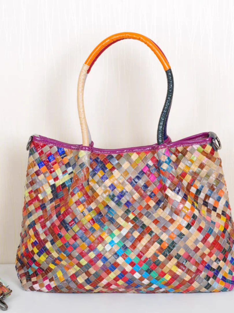 真皮彩云手工编织女包大容量托特包牛皮单肩 手提包时尚彩编6620