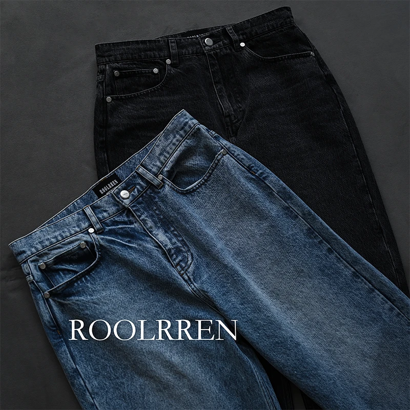 ROOLRREN进口日本12盎司做旧人工水洗cleanfit直筒宽松牛仔裤
