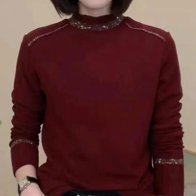 JUNJIE（上衣）胖mm2024秋冬新款纯色烫钻T恤显瘦休闲长袖打底衫