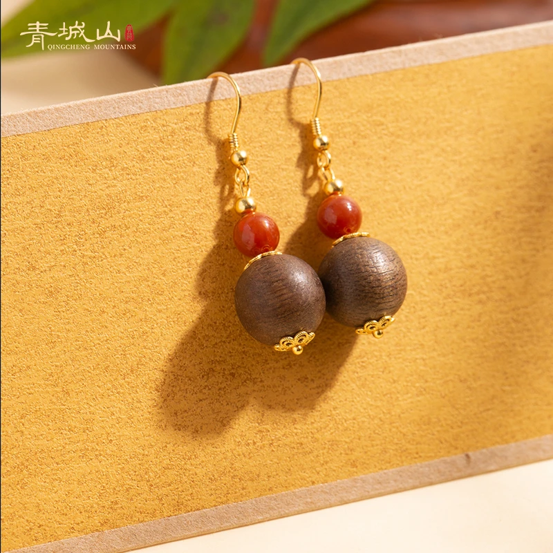 青城山川料南红沉香耳环时尚气质耳坠