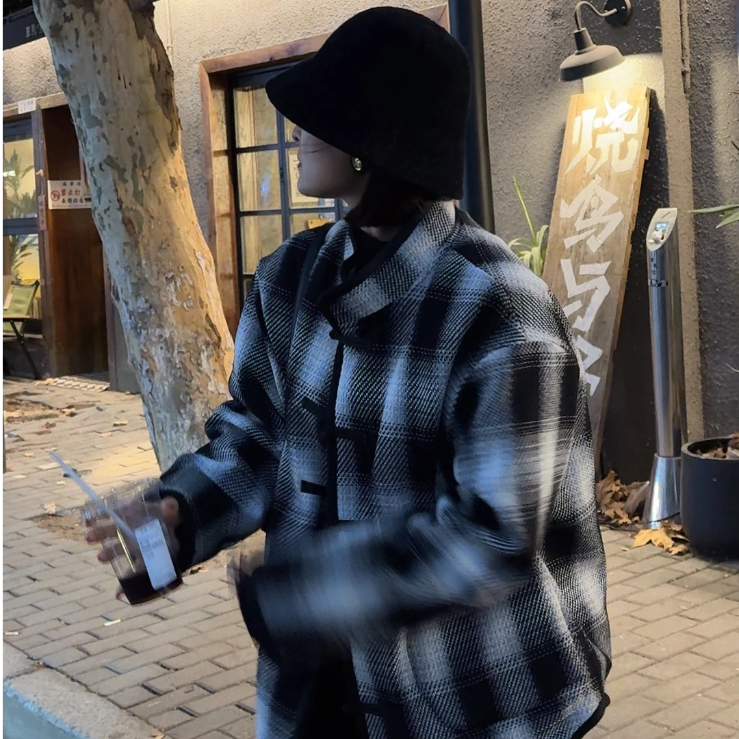 《格子棉衣》原创设计新中式格子棉服外套加厚保暖立领棉衣外套