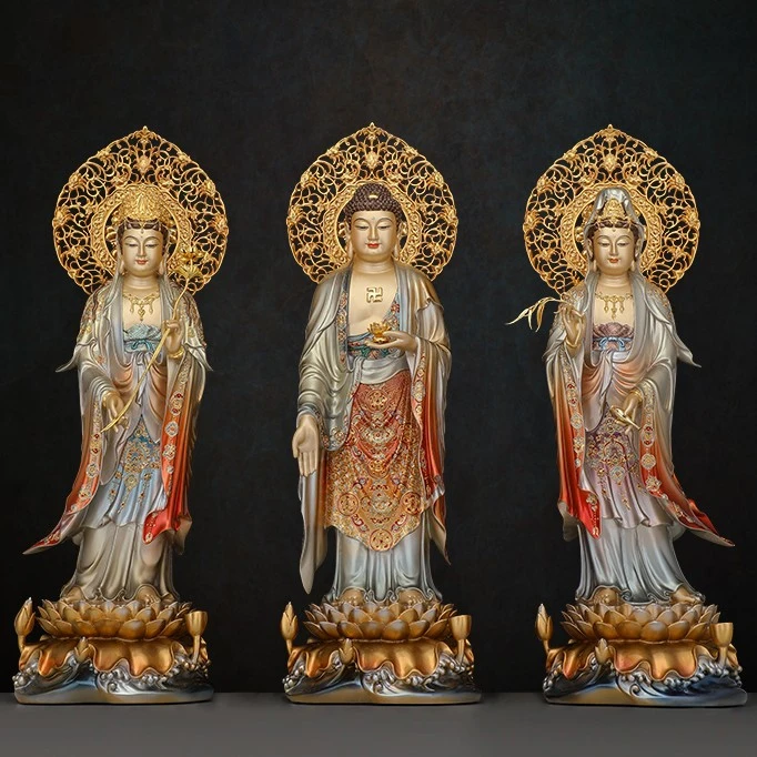 黄铜 珐琅掐丝镶宝摆件 家用 大势至阿弥陀佛观音 描金