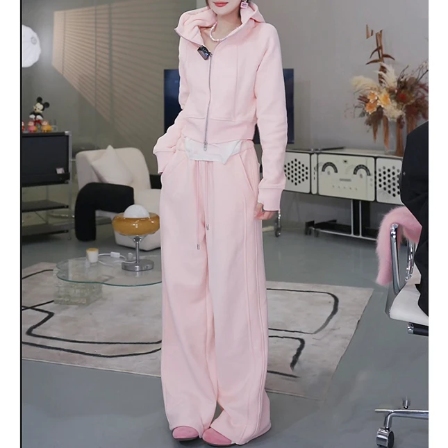 【花粉专享】连帽收腰修身卫衣抽绳阔腿休闲裤秋冬减龄运动套装
