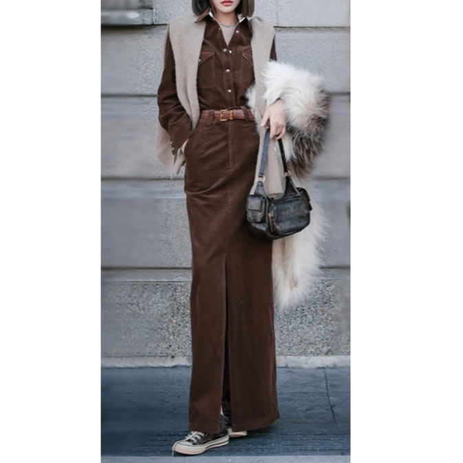 【花粉专享】【胡桃夹子】复古美拉德灯芯绒衬衫高腰半身裙套装