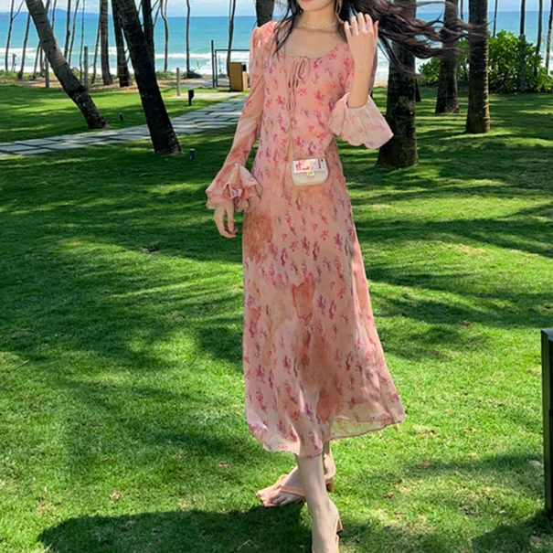 【花粉专享】【莫奈花园】春日收腰中长浪漫喇叭袖染色油画茶歇裙