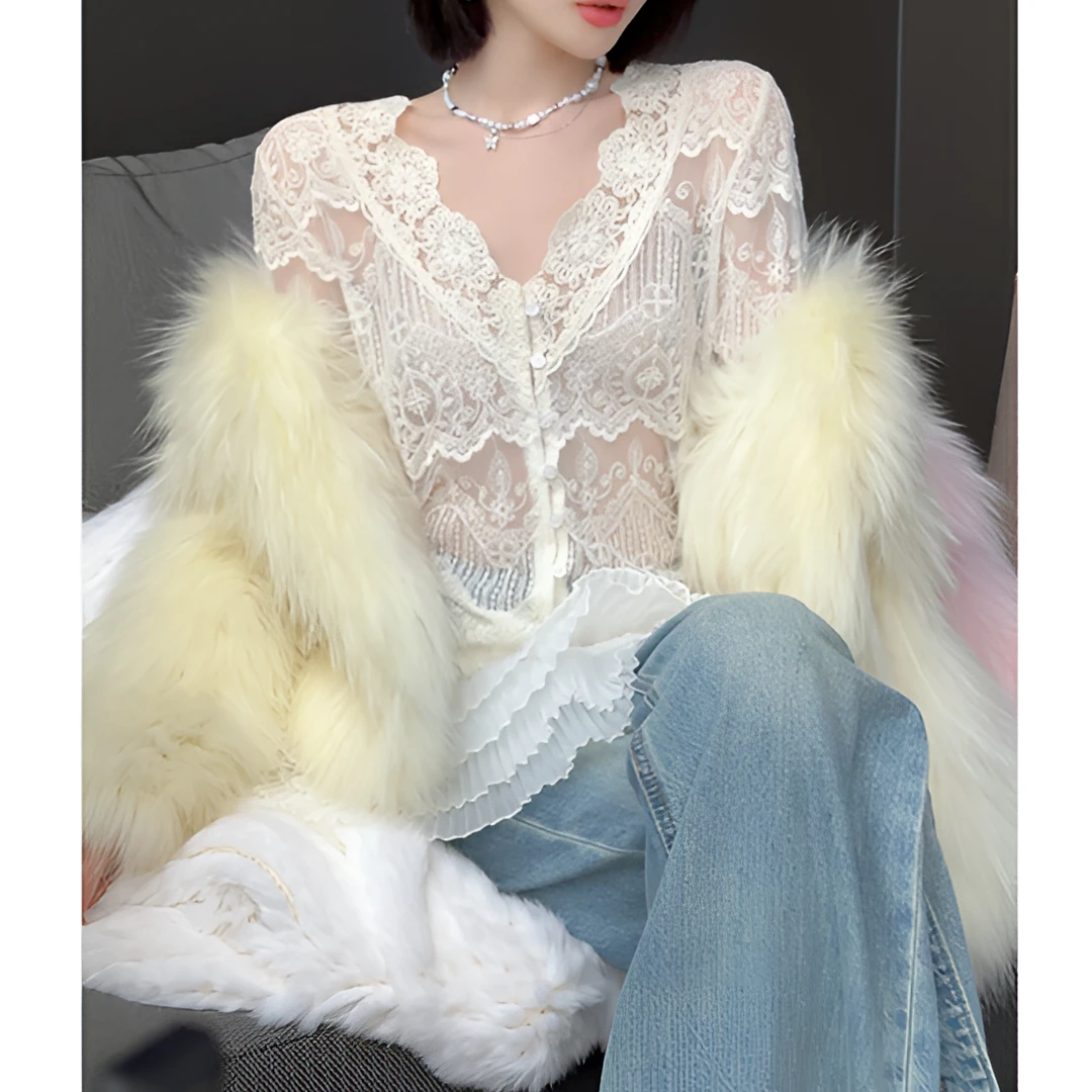 【花粉专享】【浮云月下】蕾丝花边V领上衣纯欲风性感蕾丝衫