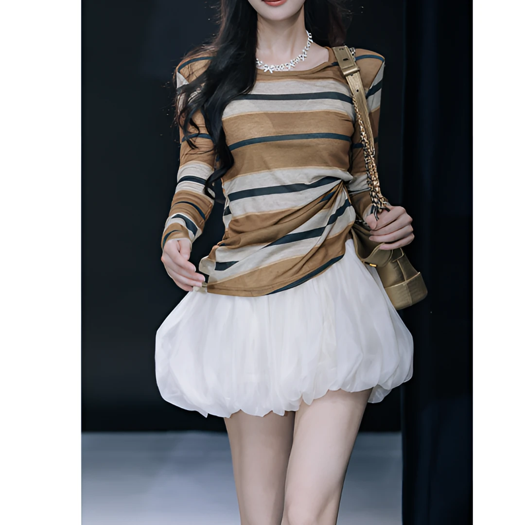 【花粉专享】心机后背镂空设计感长袖上衣复古撞色条纹薄款防晒T恤