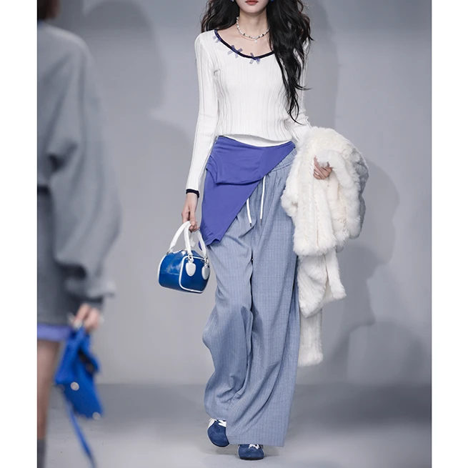 【花粉专享】儒雅休闲雾霾蓝细格纹休闲西装裤高腰垂感气质阔腿裤