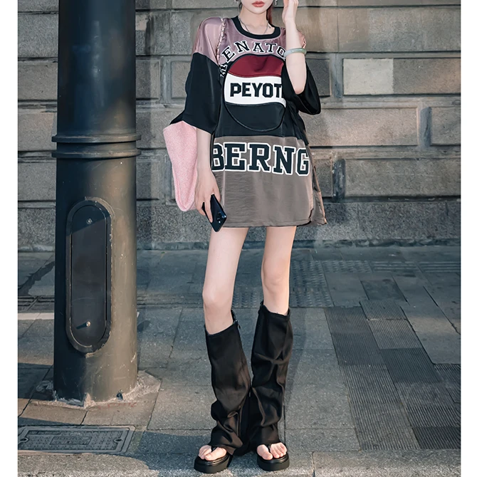 【花粉专享】超丝滑感拼色大版宽松半袖T恤中长下衣失踪慵懒风上衣