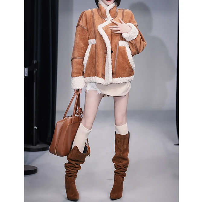 【花粉专享】韩版立领拼接毛毛廓版短外套厚实保暖毛毛外套