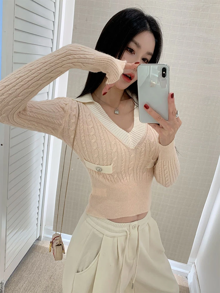 【花粉专享】大V领撞色领口收腰嫩粉色针织衫女纯欲风修身毛衣