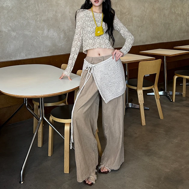 【花粉专享】复古灯芯绒休闲裤高腰直筒松弛感阔腿裤可拆卸针织屁帘