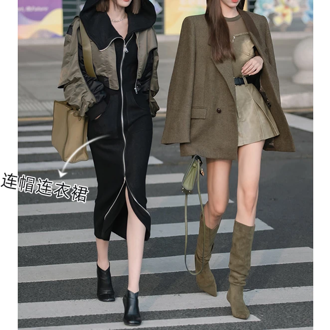 【花粉专享】【在逃女巫】连帽修身细腰裙双拉链中长连衣裙外套