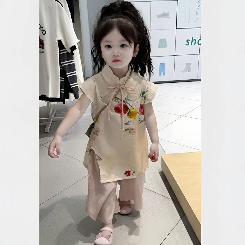 【2024新款】夏季女宝洋气新中式国风石榴花套装两件套科学实验