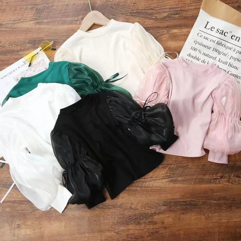 百合缎爆款女童2025春秋款长袖T恤圆领纯色蓬蓬袖时髦洋气打单衫