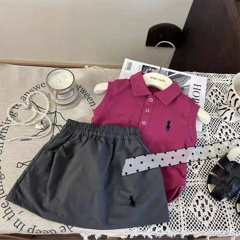 女童夏季套装新款学院风洋气女宝宝短袖翻领上衣半身裙儿童两件套