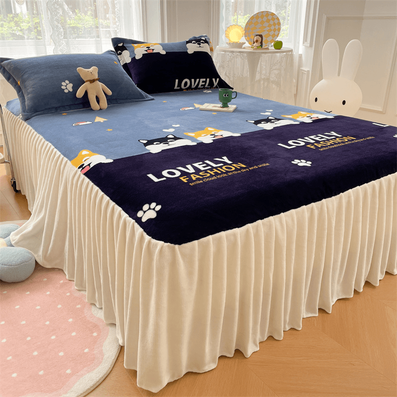 冬季高级感加厚牛奶绒床裙款单件床笠珊瑚绒高档裙式床单遮丑床罩