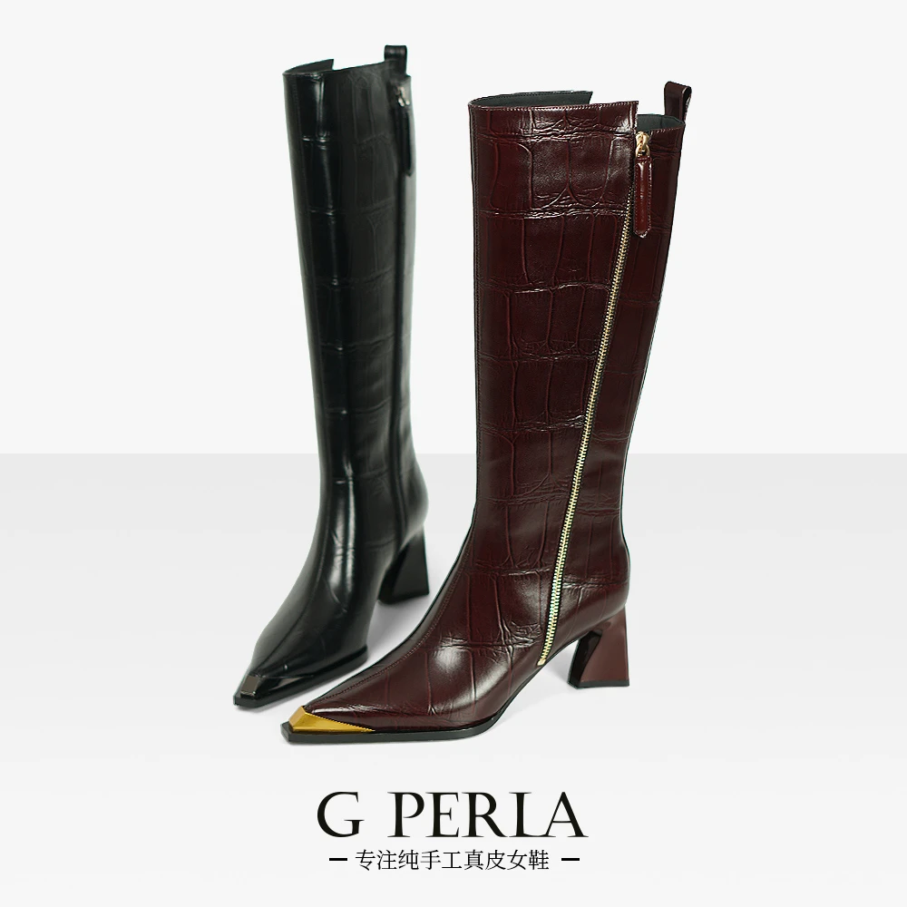 G PERLA吉佩拉【6cm】金属尖头大筒围粗跟长筒女靴2024新款不过膝