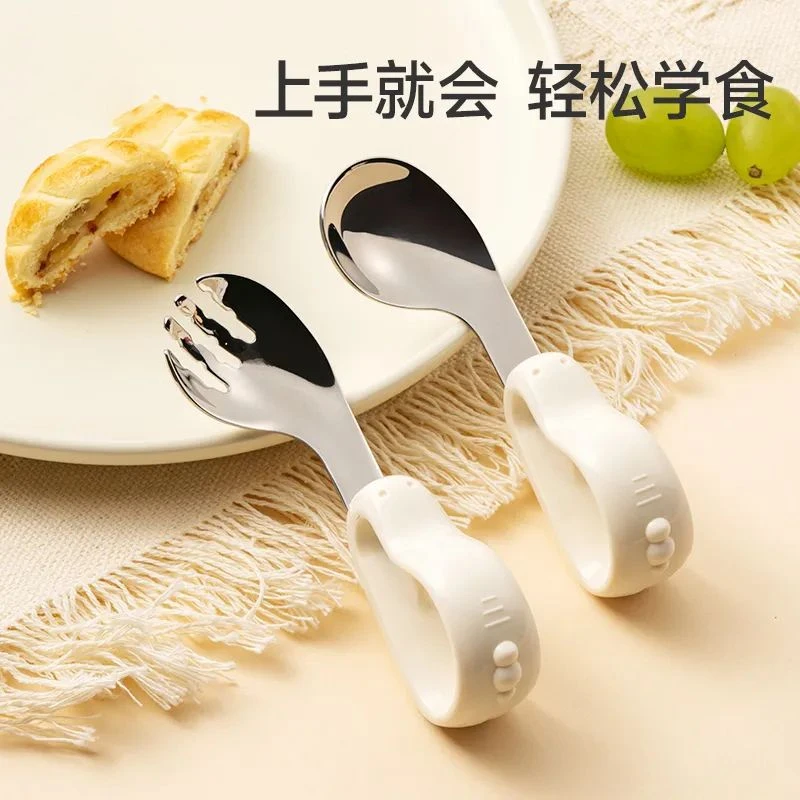 316不锈钢宝宝自主进食辅食勺子婴儿学吃饭训练儿童短柄叉勺餐具