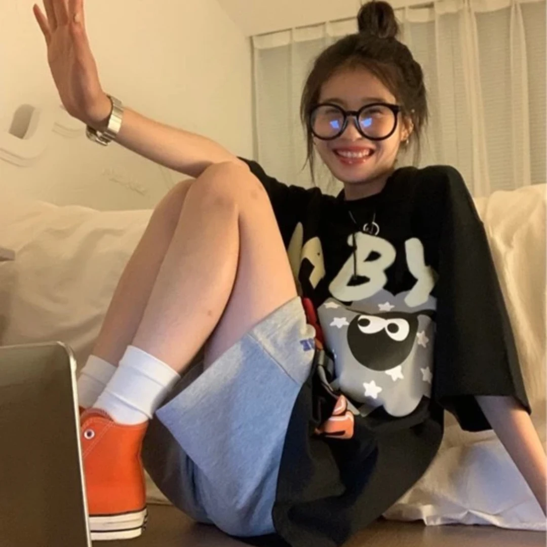 【100纯棉】ins卡通动漫印花T恤女美式宽松潮牌小众学生上衣