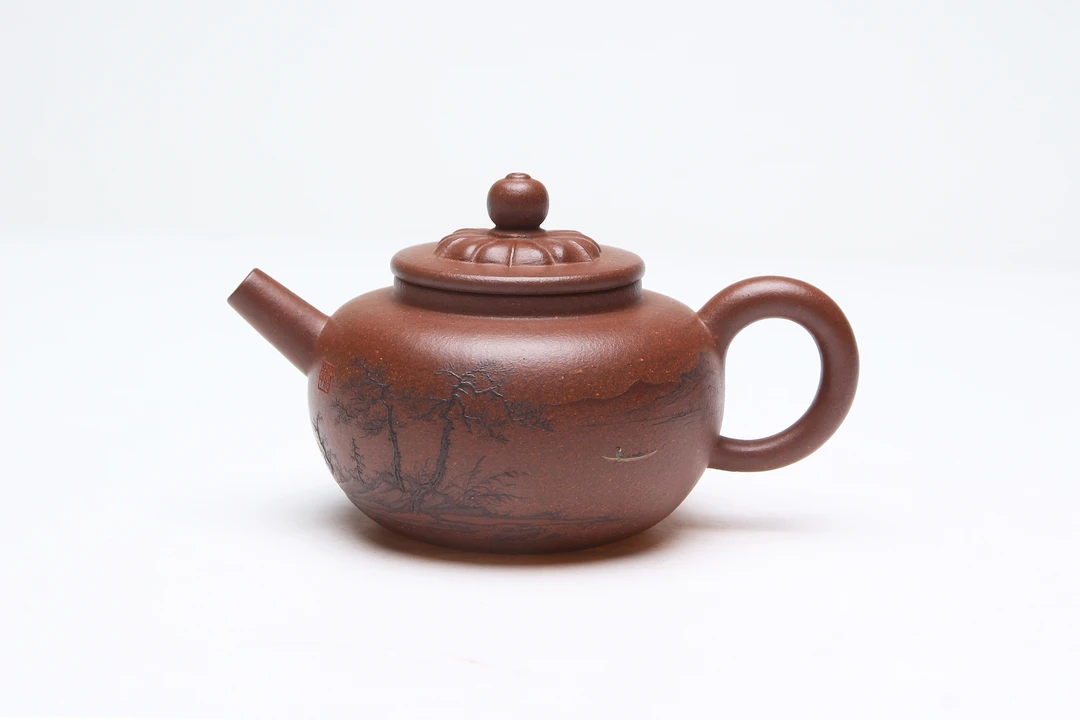 天青菱花壶，李胜泥绘山水，和石刻绘，全手工