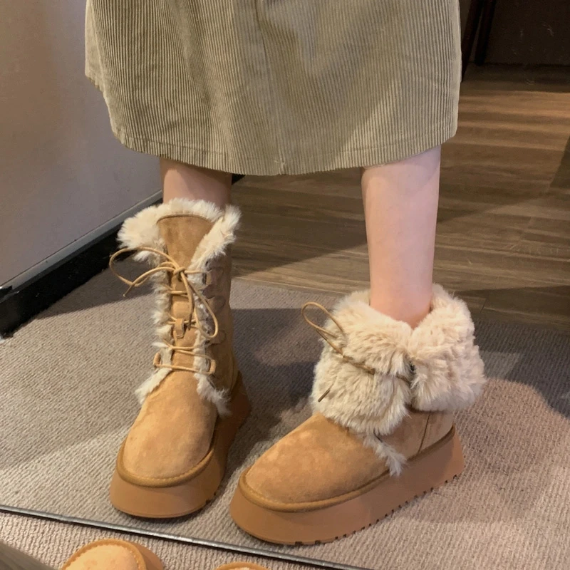 商场同款网红加绒雪地靴女2024冬季新款毛毛加厚底保暖毛绒棉鞋