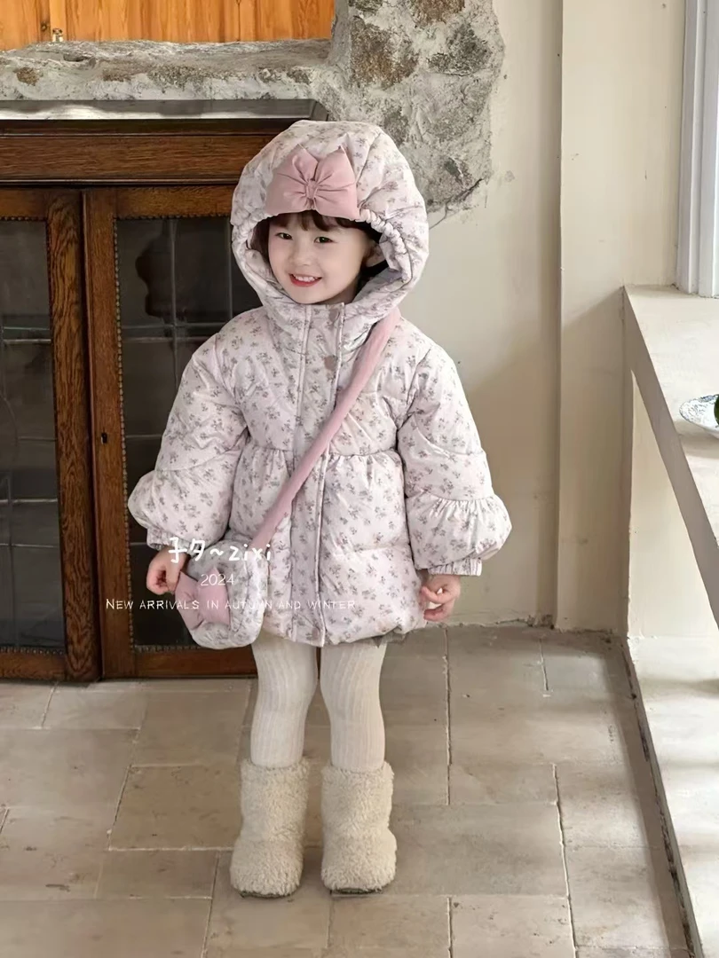 【BaoBao现货】子夕原版·白鸭绒羽绒服女童冬季碎花外套连帽125