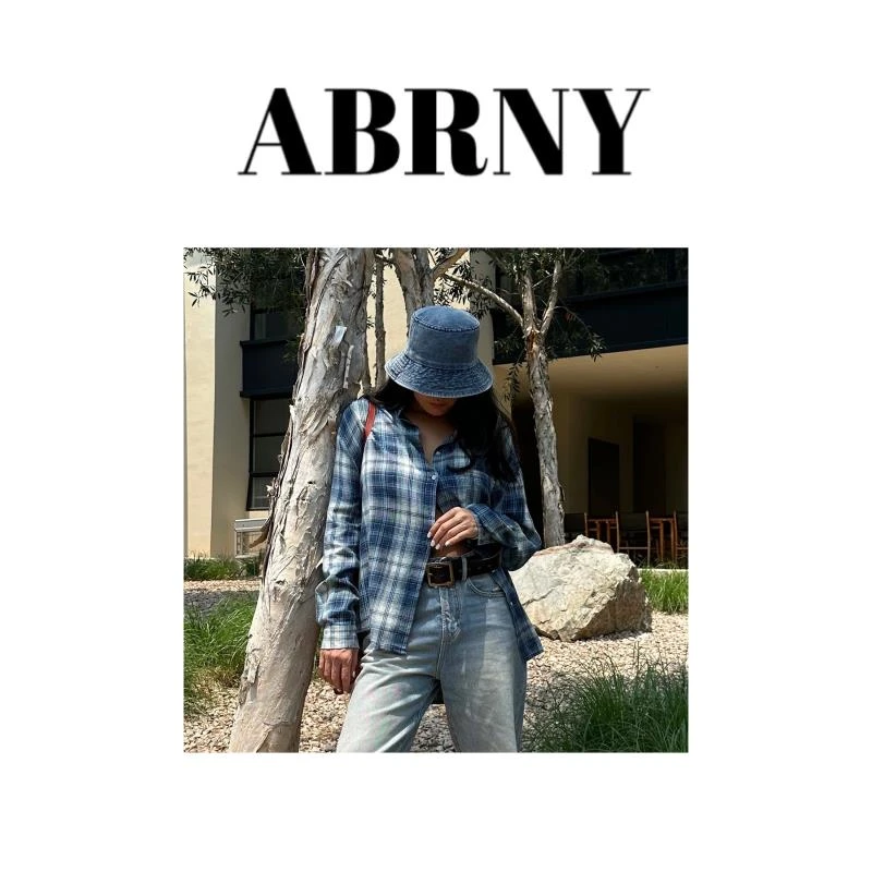 许小黑【春蓝衬衫】扎染风复古POLO领格纹长袖衬衫