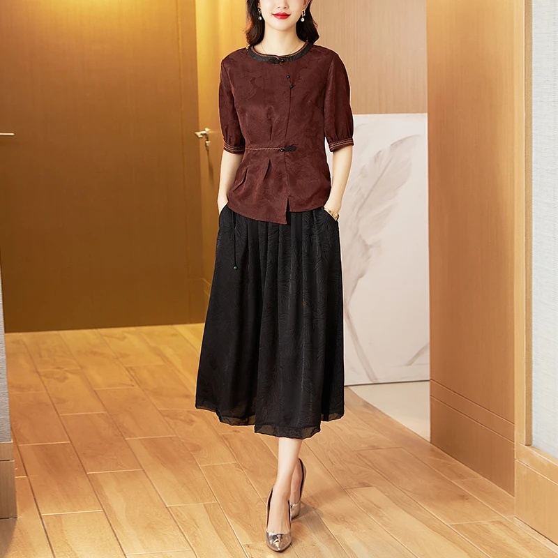 时尚套装裙女夏2024新款新中式复古刺绣上衣洋气妈妈半身裙两件套