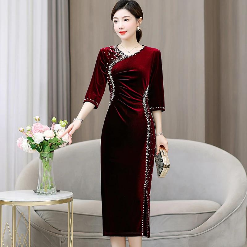 十一金丝绒改良旗袍结婚礼服喜妈妈装婚宴修身显瘦婆婆高贵连衣裙