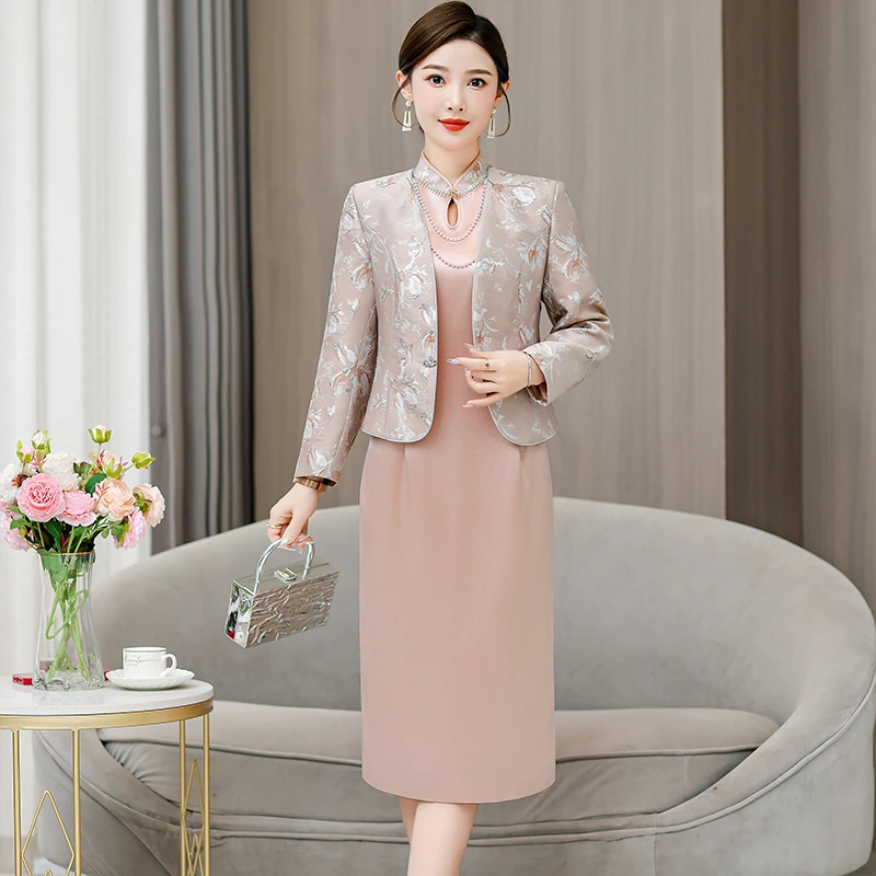 喜婆婆婚宴敬酒礼服连衣裙修身套装女春秋气质两件套妈妈婚礼裙子