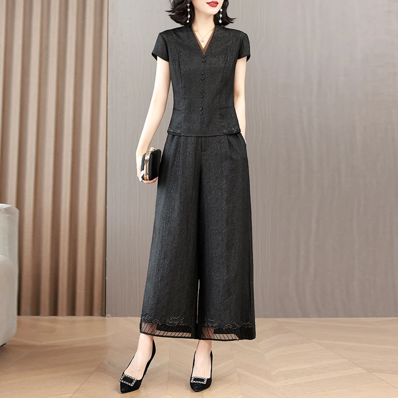 新中式旗袍套装女2025夏季高端洋气中年妈妈装修身显瘦黑色两件套