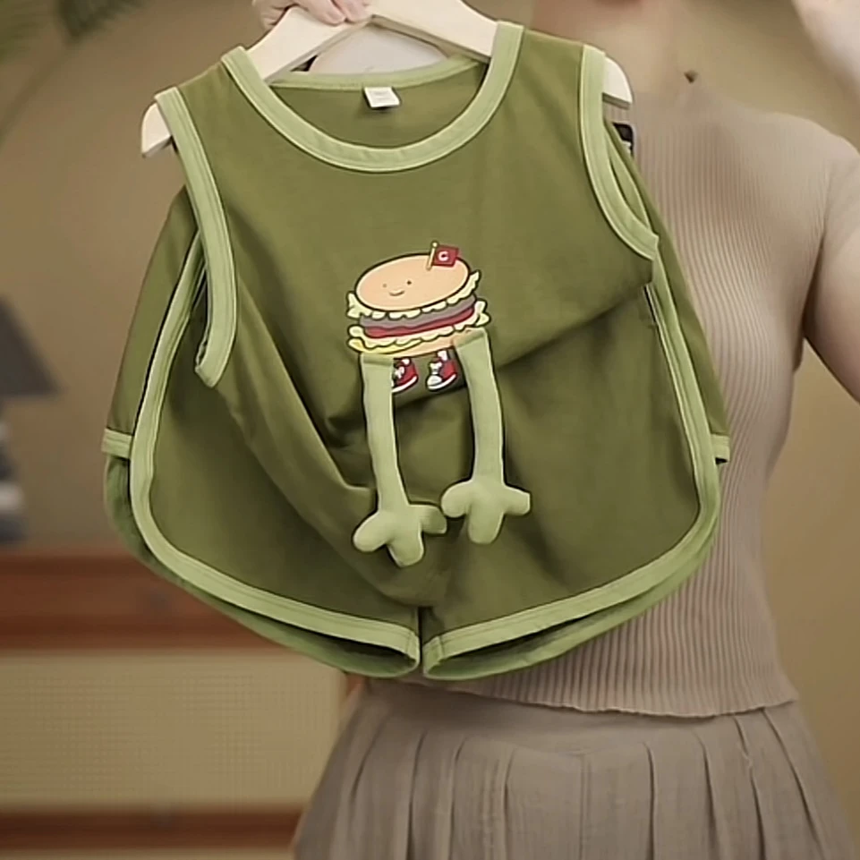 2026春夏新款儿童休闲宽松卡通汉堡纯棉套装18615