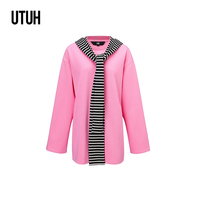 UTUH 粉色长袖T恤女宽松百搭时尚套头配:帽子披肩 TUWFW1T300