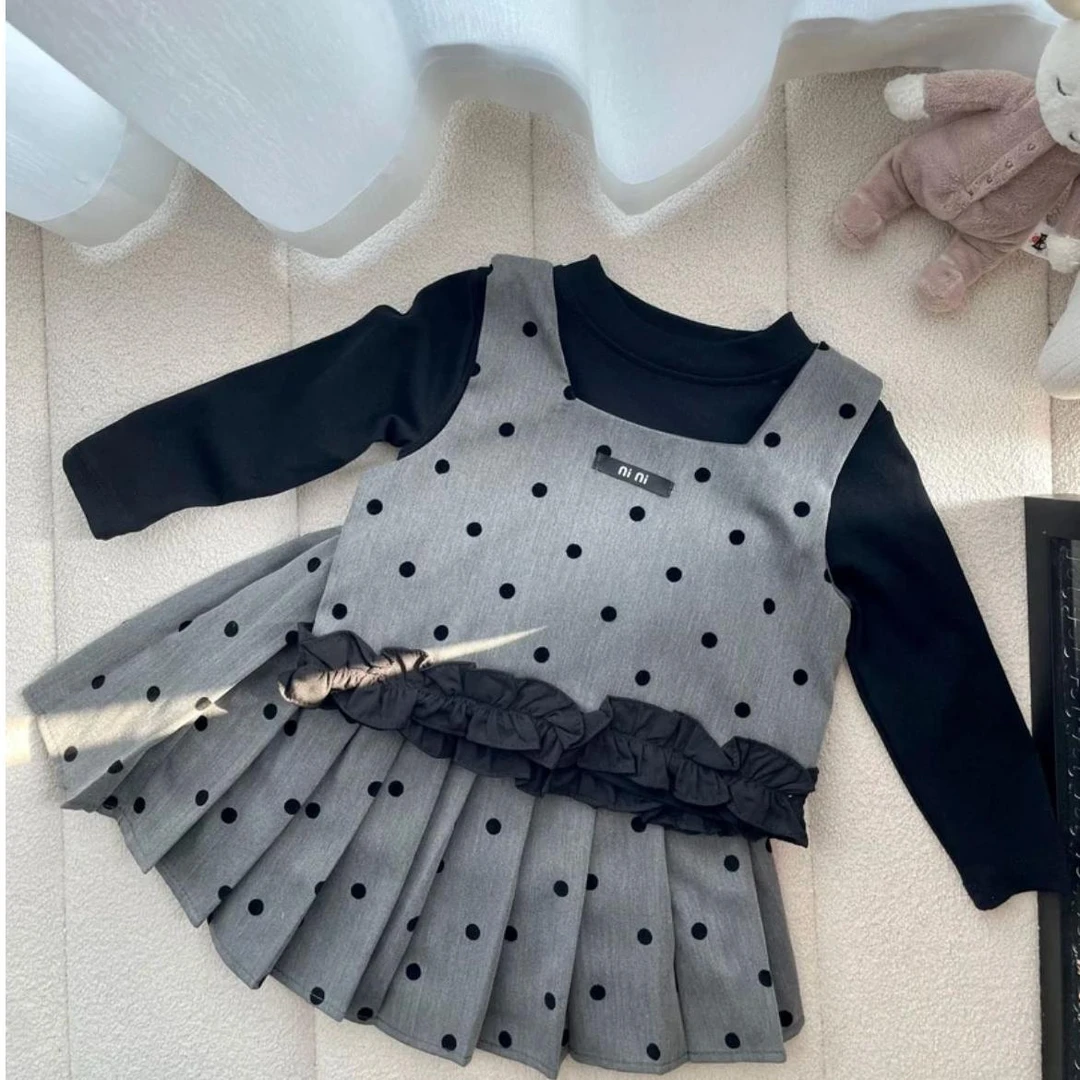 秋季女童小香风套装2024新款女孩长袖打底衫波点背心短裙