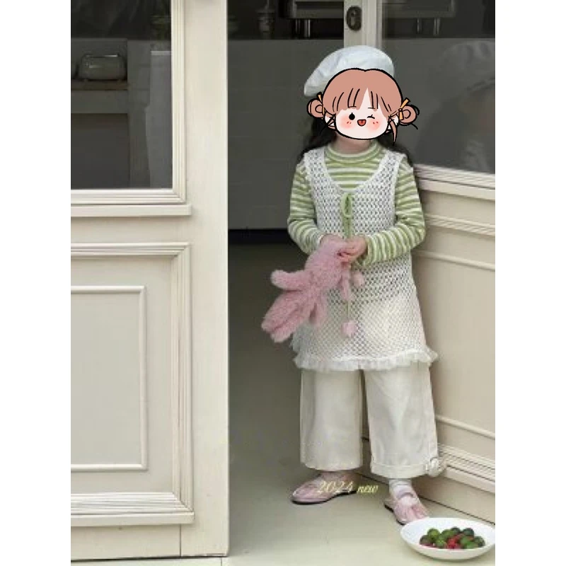 25年春款女童立体花朵直筒裤绿条纹镂空套装