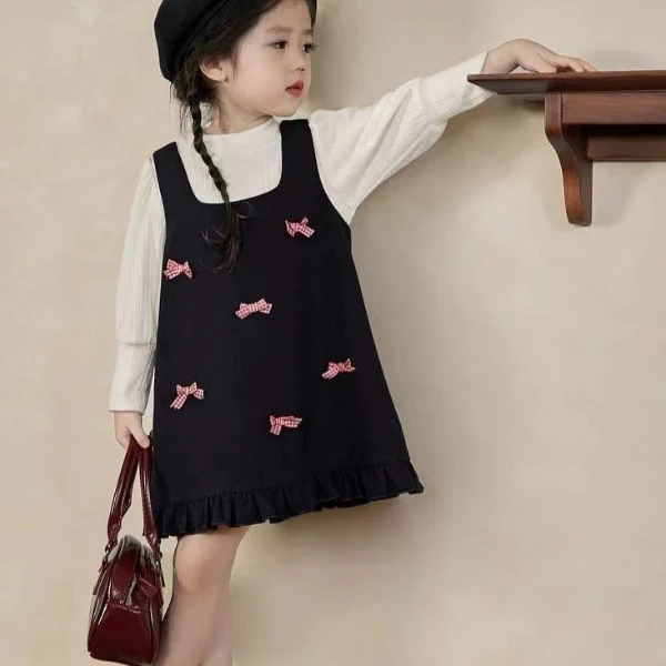 女童连衣裙2024秋季韩版儿童时尚气质女孩蝴蝶结背心裙甜美公主裙