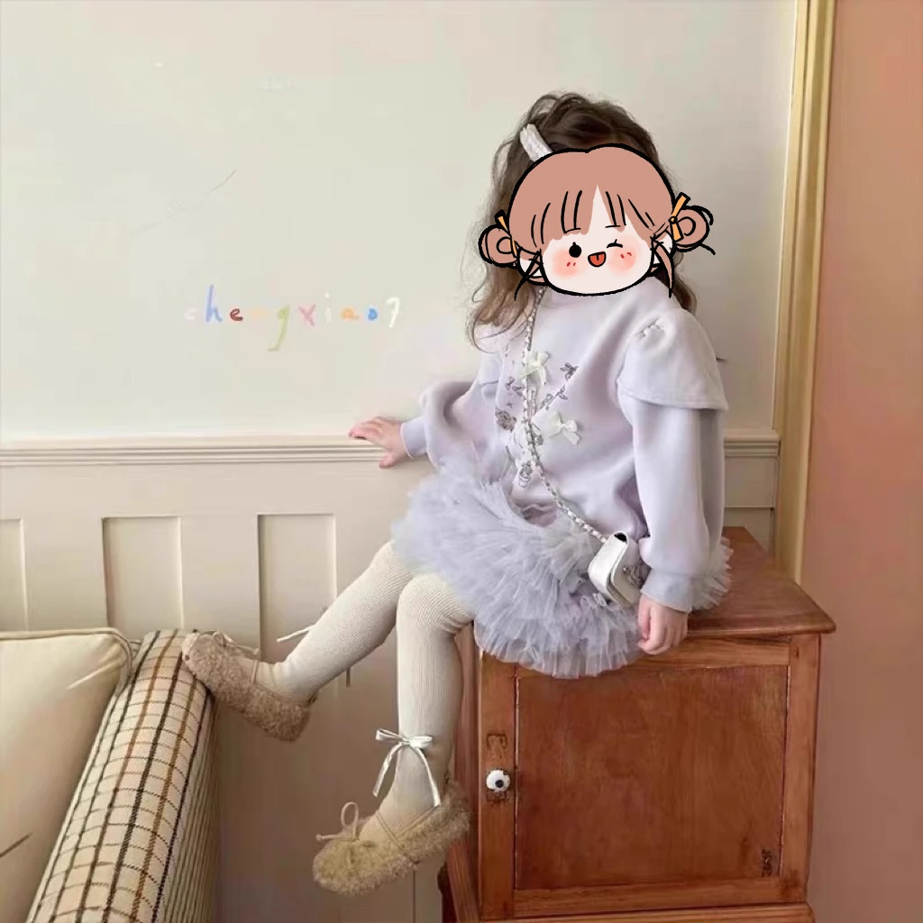 女童蝴蝶结网纱卫衣连衣裙秋冬季2024新款儿童加绒