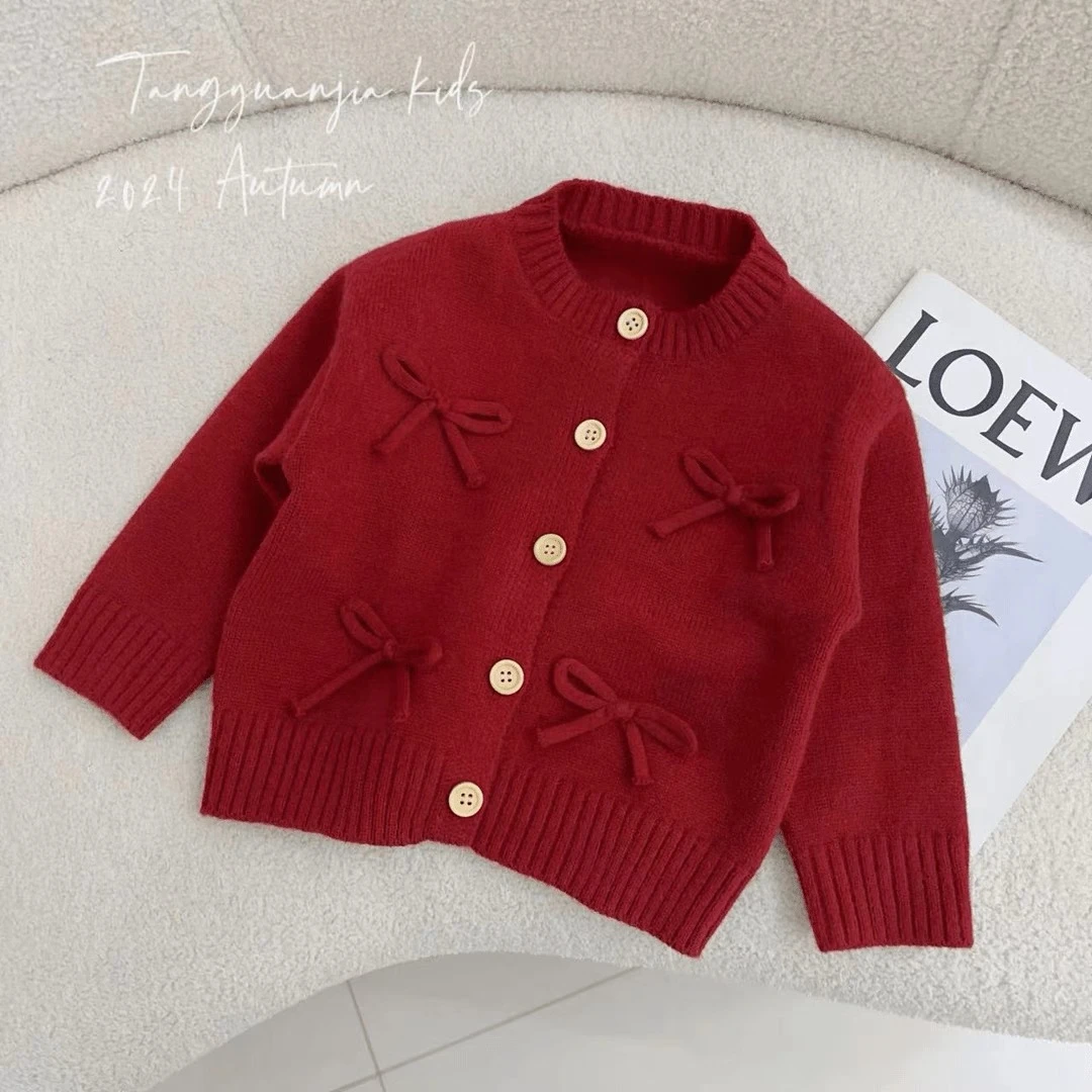 2024秋季新款洋气韩系学院风蝴蝶结百搭纯色毛衣开衫潮